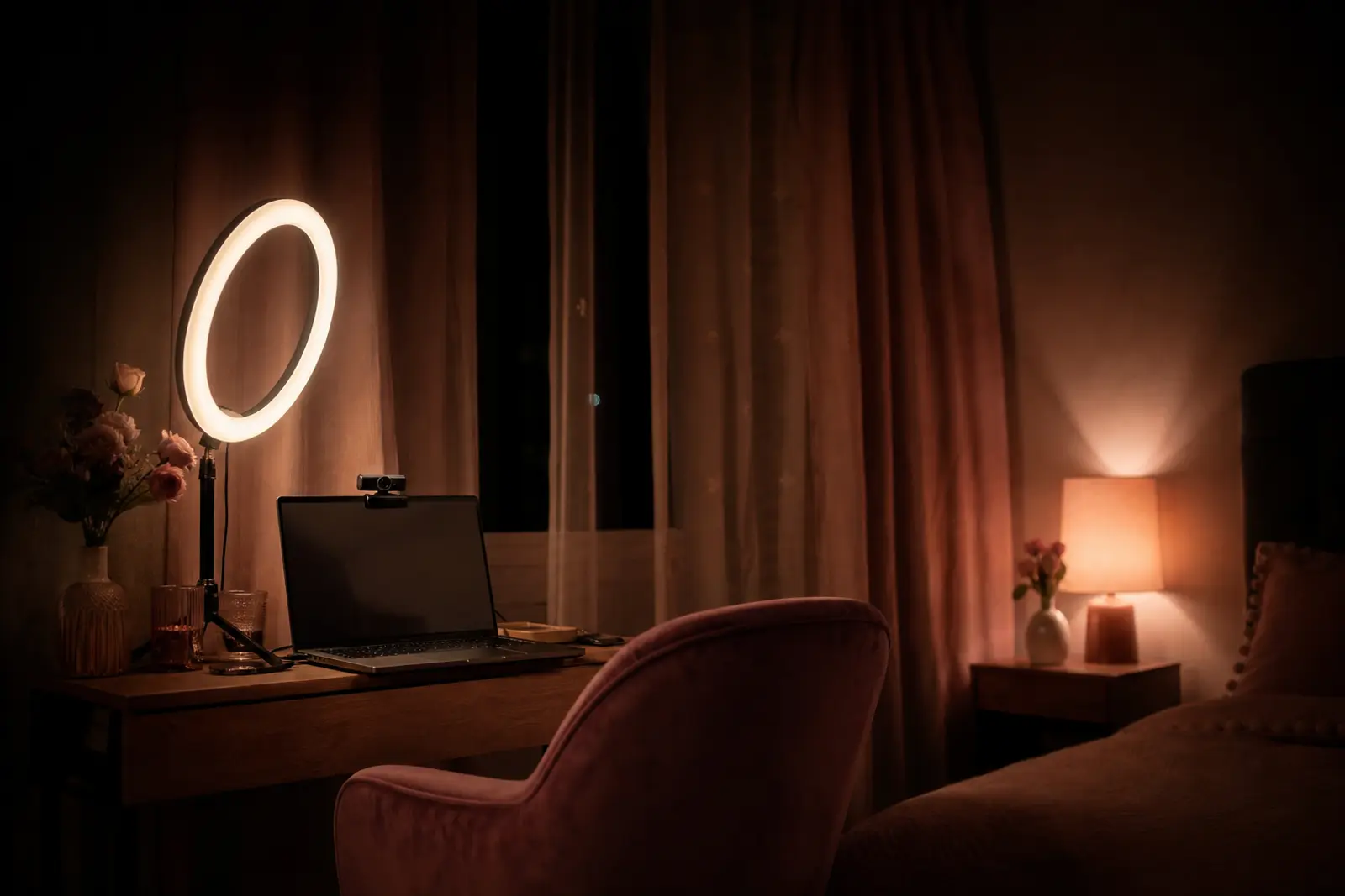 Pokój przygotowany do pokazu na żywo: ring light, laptop z kamerką, fotel